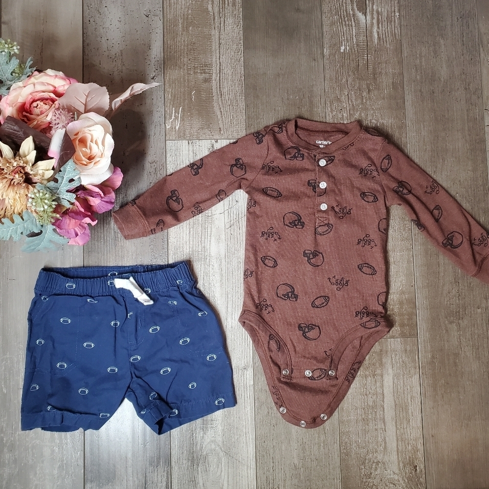 Carter's Baby Toddler Boy Size 18m Football Outfit 100% Cotton Brown Blue NWOT - Picture 1 of 14